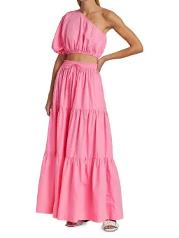 SWF One Shoulder Puff Sleeve Crop and Drawstring A-Line Tiered Maxi Skirt Set in Floss Pink Size 10 for rent on The Volte - image 3