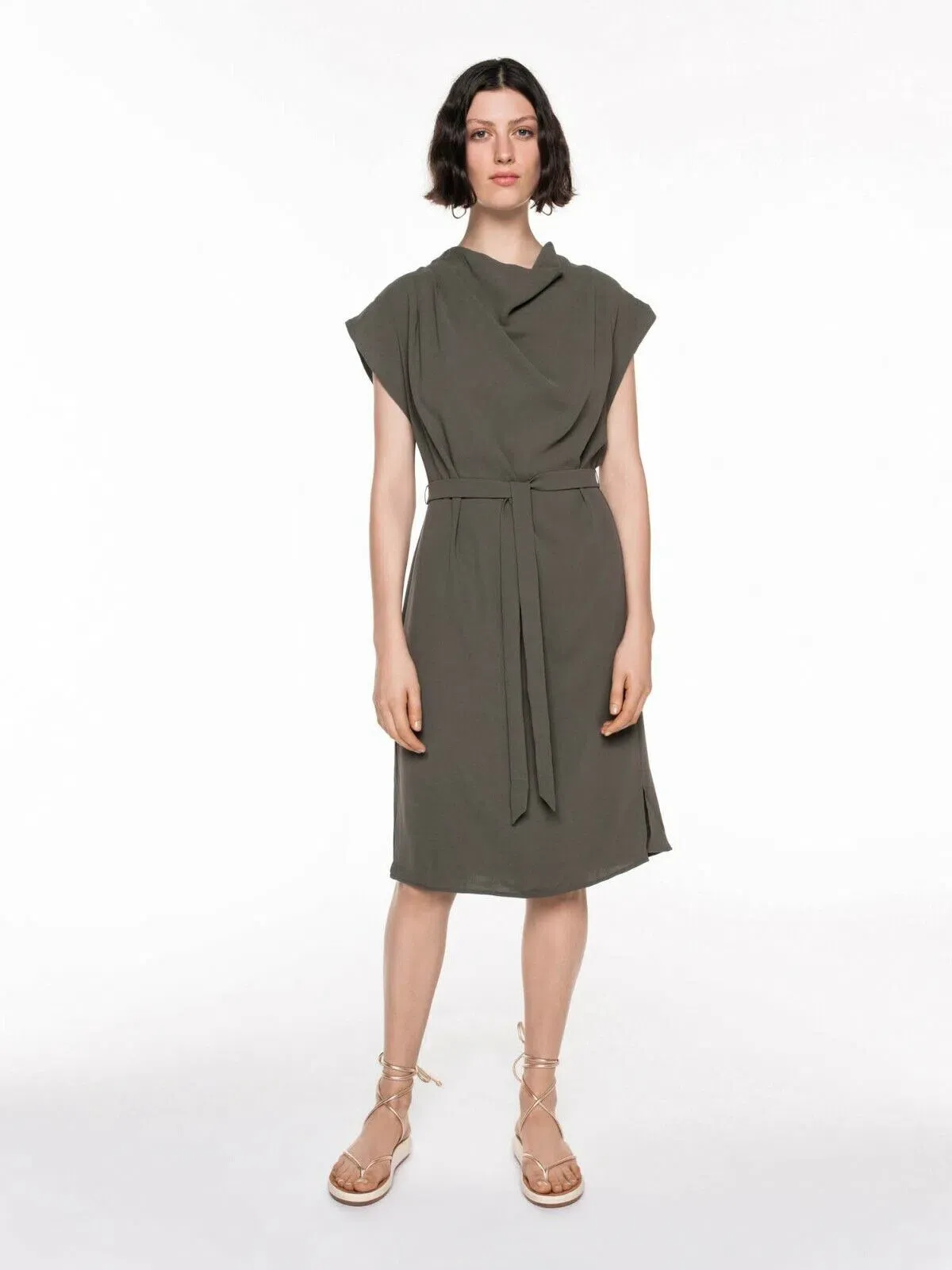 Veronika Maine Drapey Weave Drape Neck Midi Dress Khaki Size 14 - Image 1