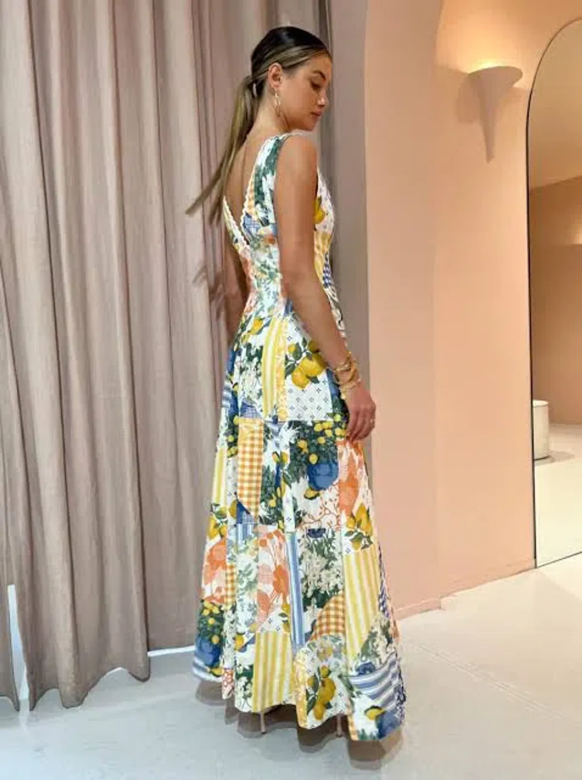By Nicola Wavy Maxi Dress in Lemon Patchwork Size 6 - Image 5