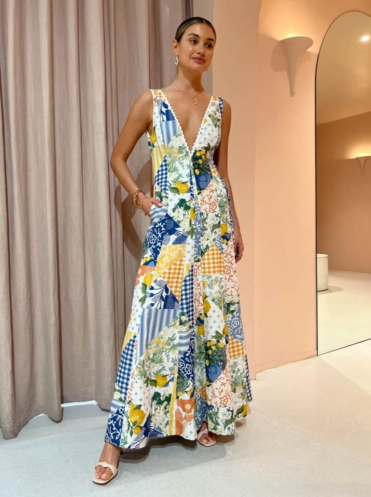 By Nicola Wavy Maxi Dress in Lemon Patchwork Size 6 - Image 2
