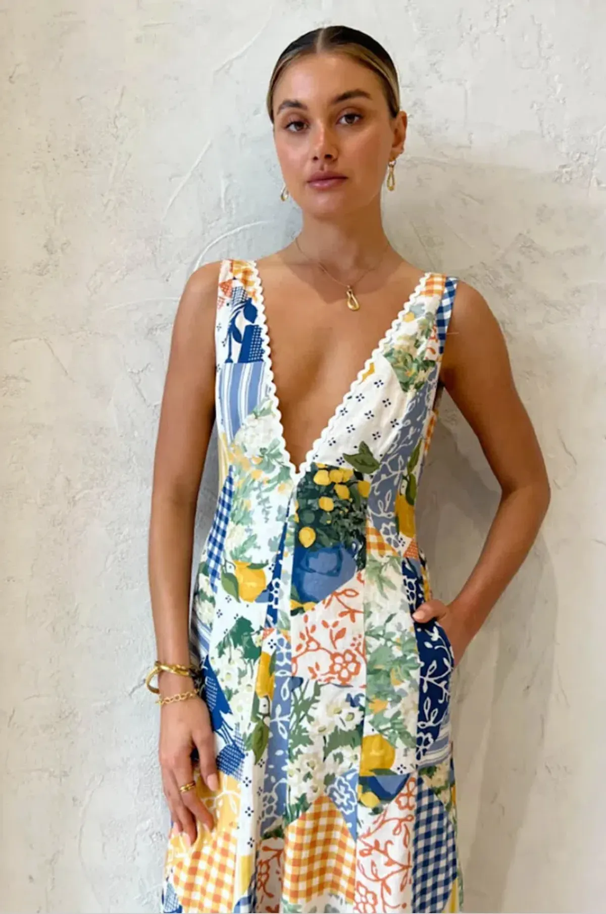 By Nicola Wavy Maxi Dress in Lemon Patchwork Size 6 - Image 6