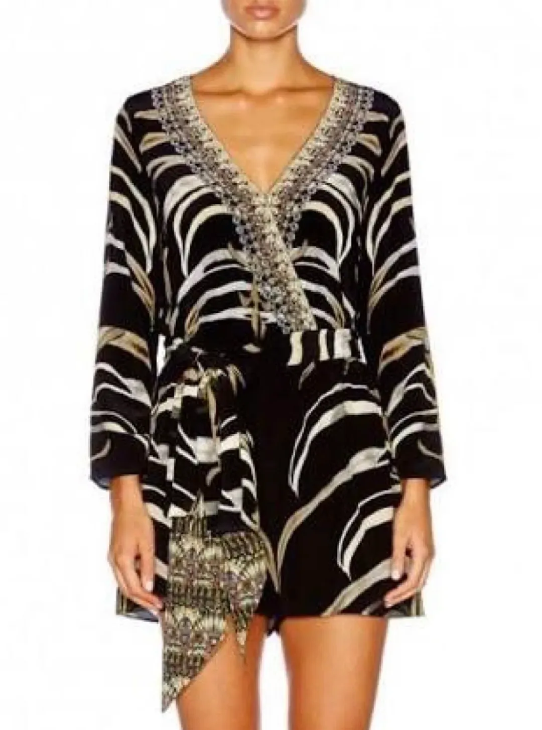Camilla Zebra Crossing Long Sleeve Cross Front Playsuit Black Size 12 for rent on The Volte - main image