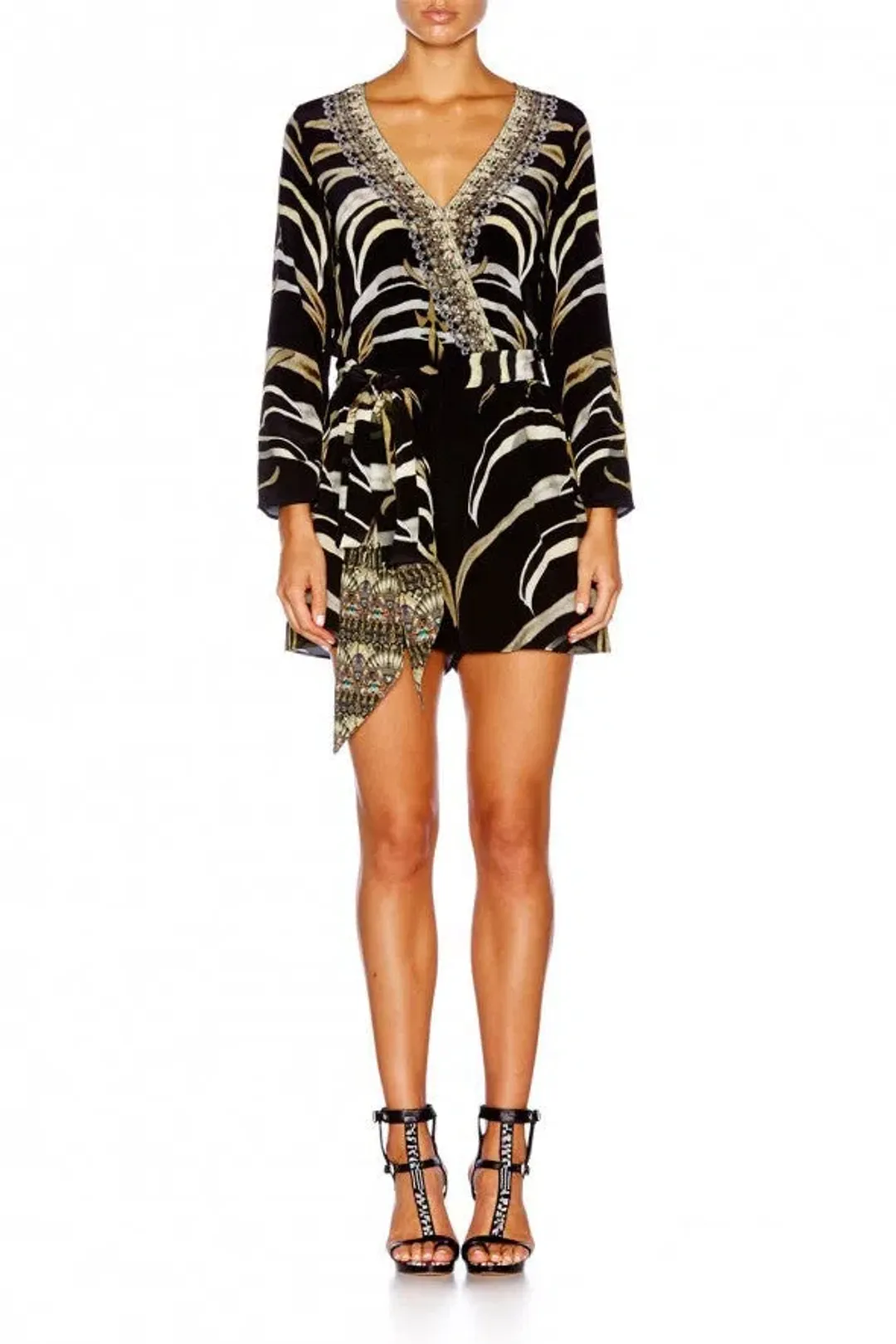 Camilla Zebra Crossing Long Sleeve Cross Front Playsuit Black Size 12 for rent on The Volte - main image