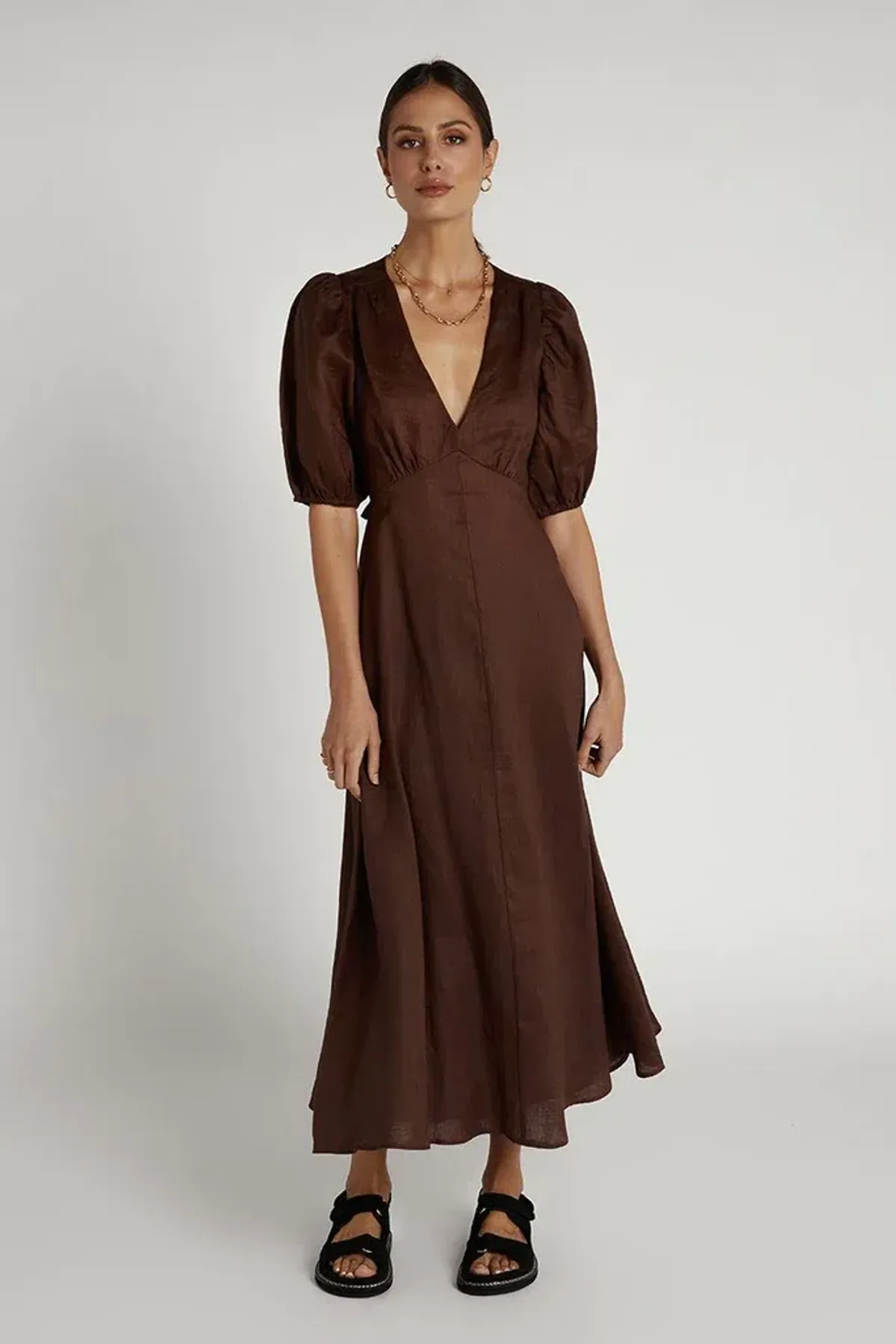 Dissh Remi Linen Midi Dress Chocolate Size 6 - Image 1