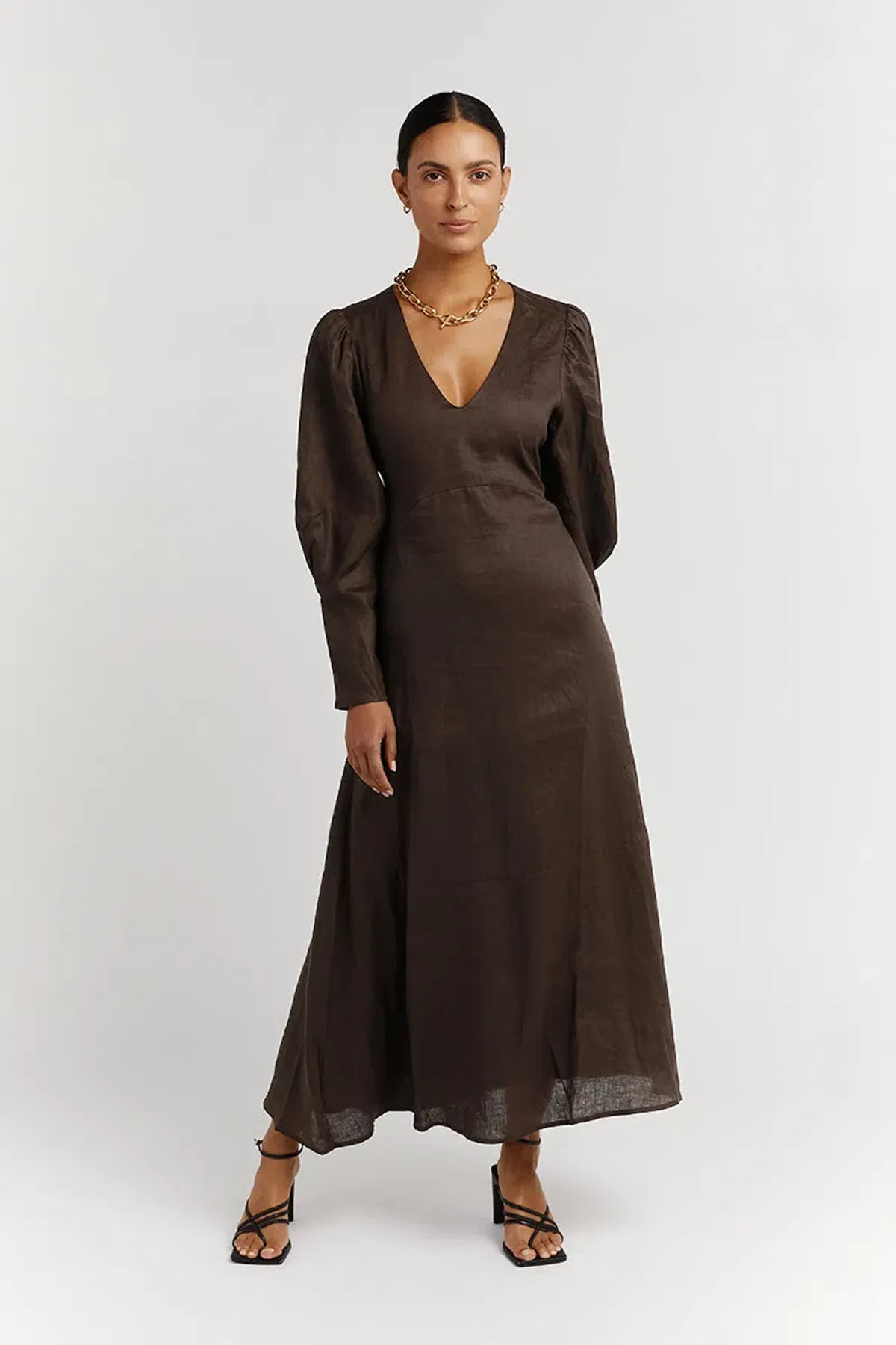DISSH Wynn Dark Choc Linen Midi Dress Brown Size 8 - Image 1