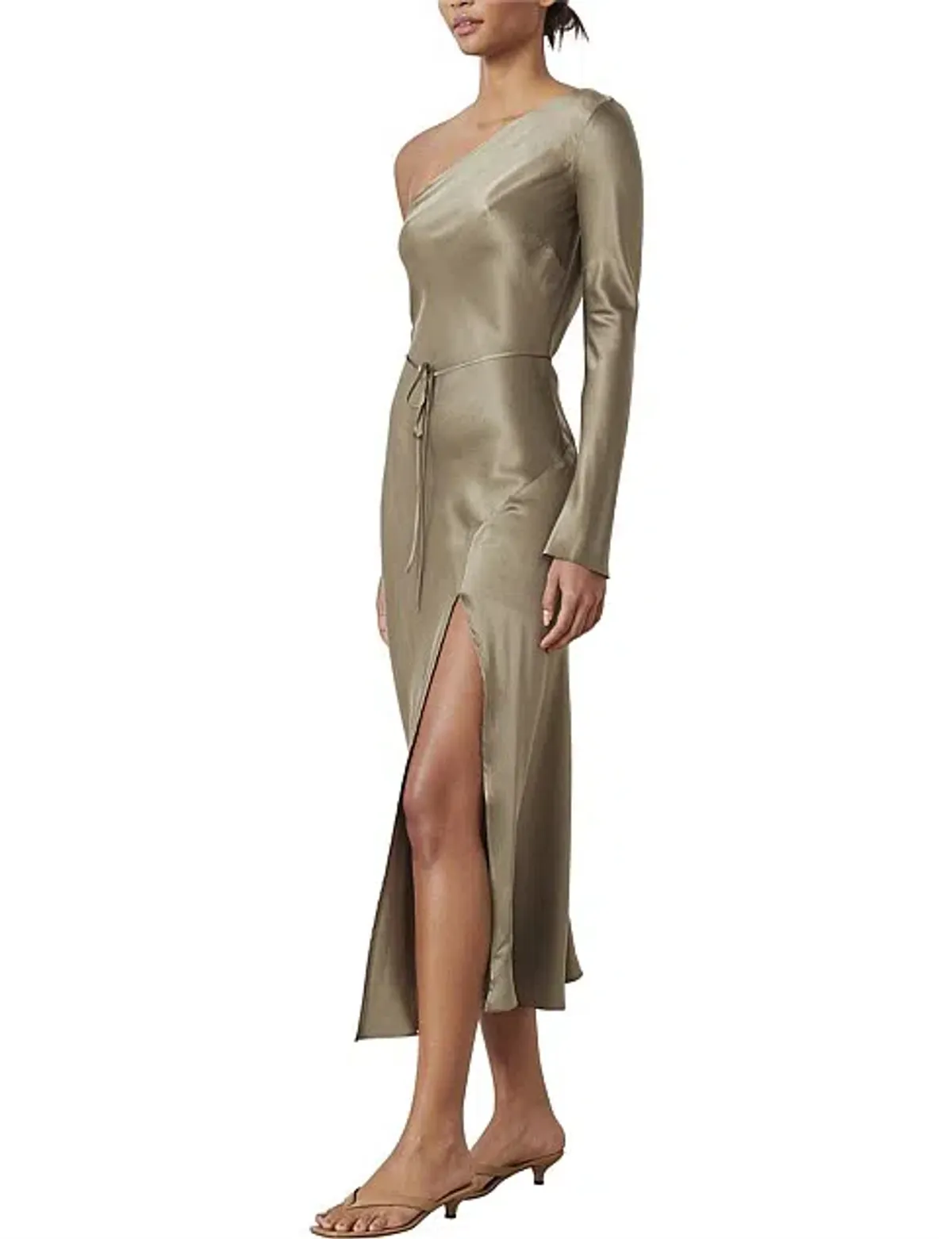Bec & Bridge Classic Silk Asym Midi Dress Khaki Size 8 - Image 2