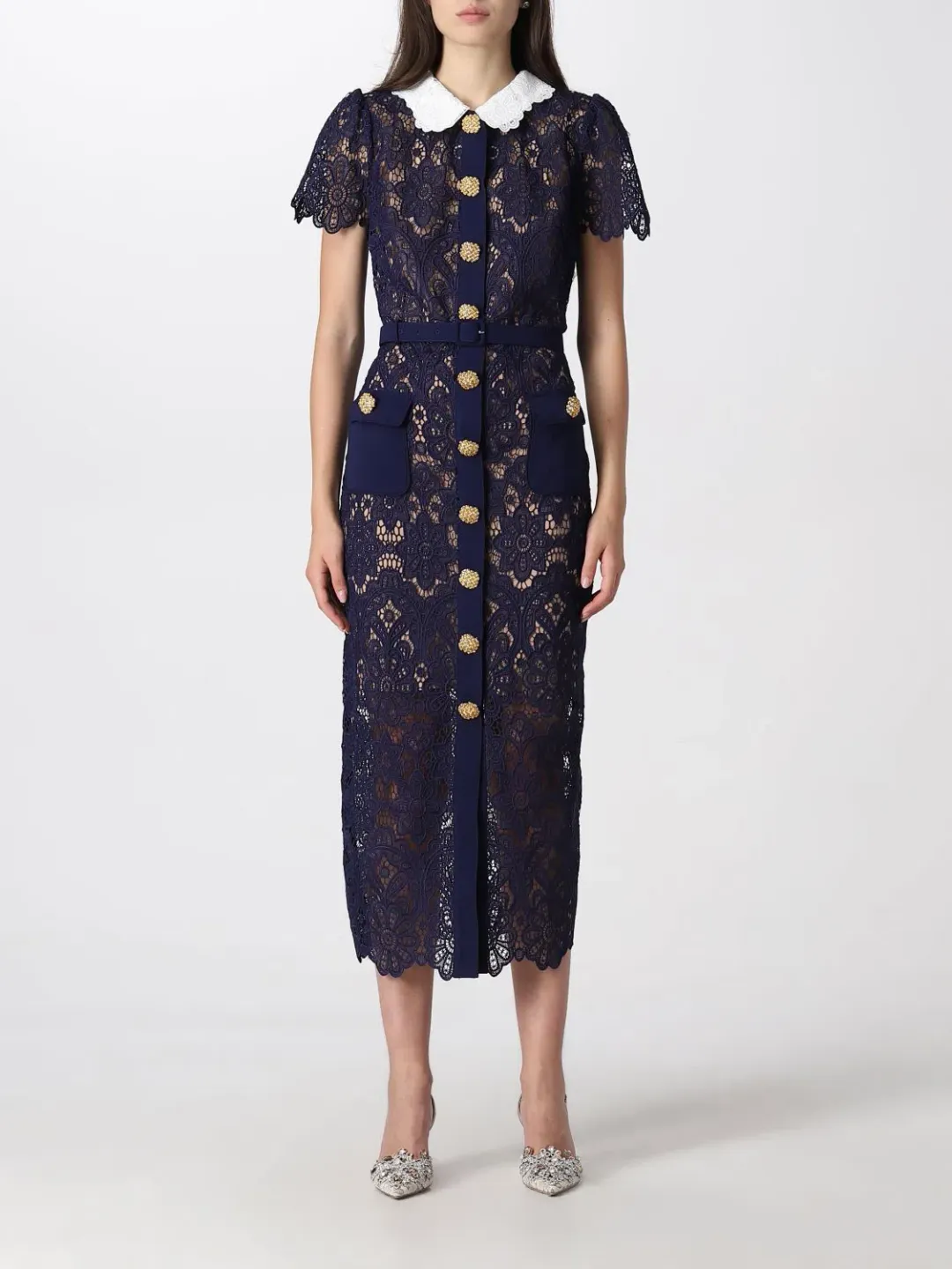 Self Portrait Navy Floral Guipure Midi Dress Navy Size 12 for rent on The Volte - main image