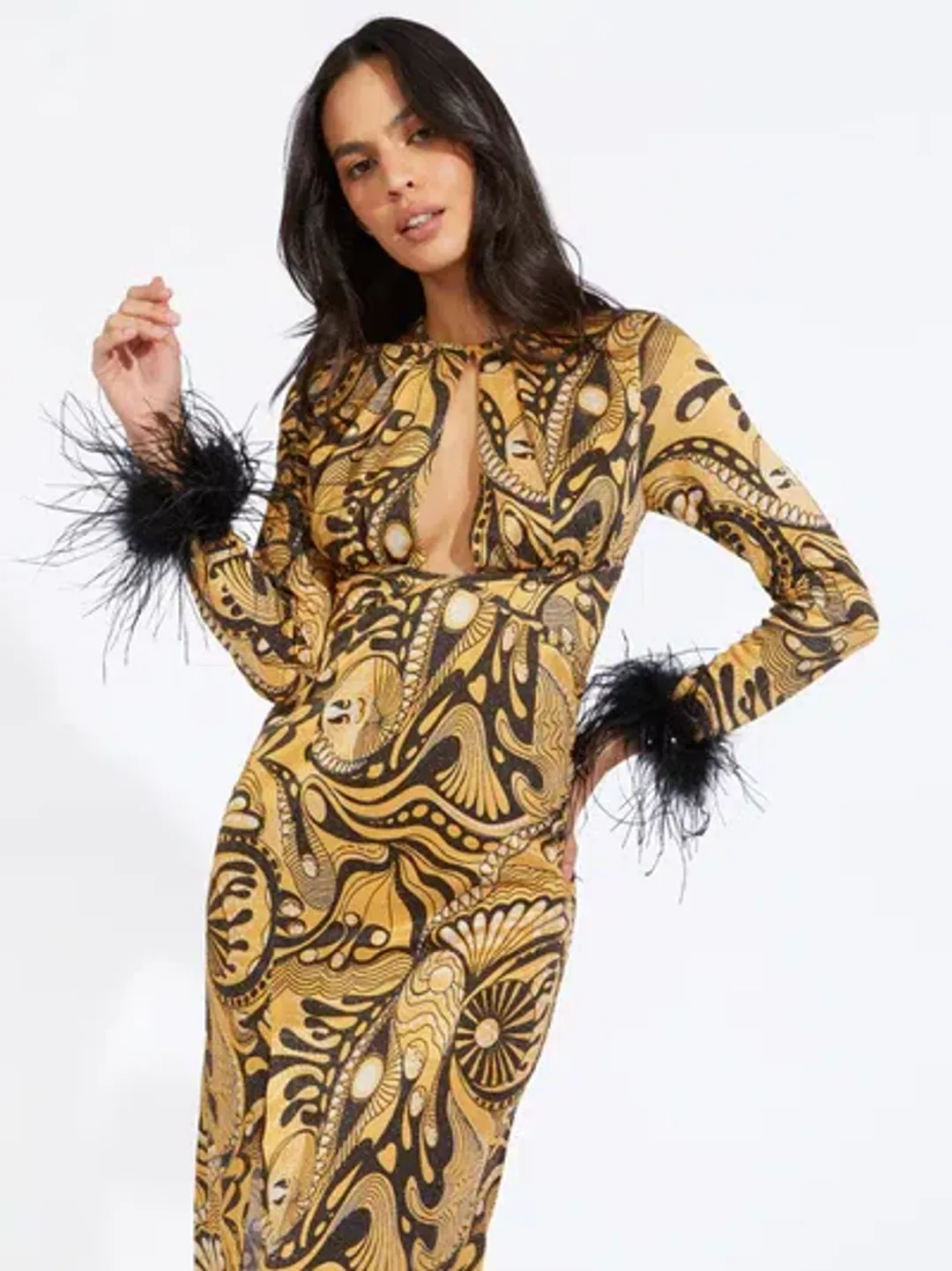 Alice McCall Gold Dust Feather Midi Dress Print Size 8 / S for rent on The Volte - main image