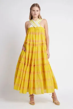 Aje Wilderness Tiered Maxi Dress Yellow Multi Size 10 for rent on The Volte - image 1