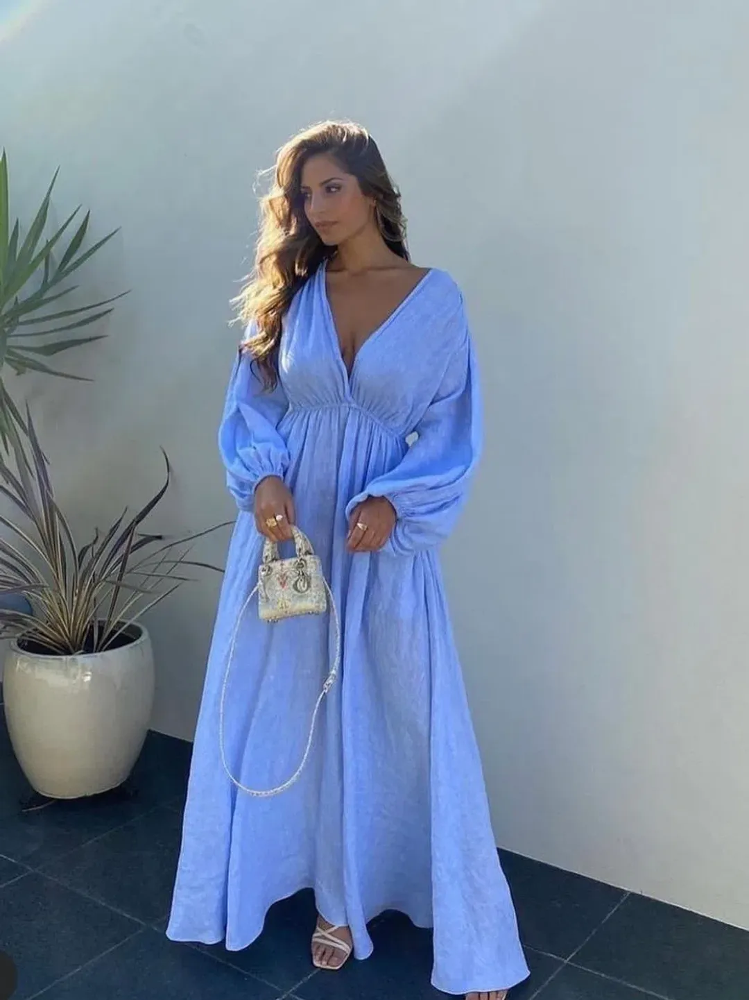 Scanlan Theodore Italian Linen V Neck Dress Blue Size 6 for rent on The Volte - main image