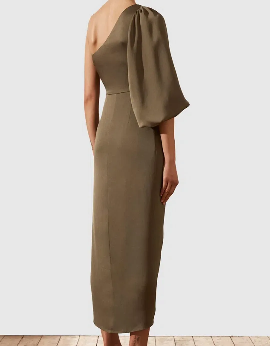 Shona Joy Luxe Tie Front One Shoulder Midi Dress Pine Green Size 10 / M for rent on The Volte - main image