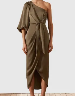 Shona Joy Luxe Tie Front One Shoulder Midi Dress Pine Green Size 10 / M for rent on The Volte - image 1