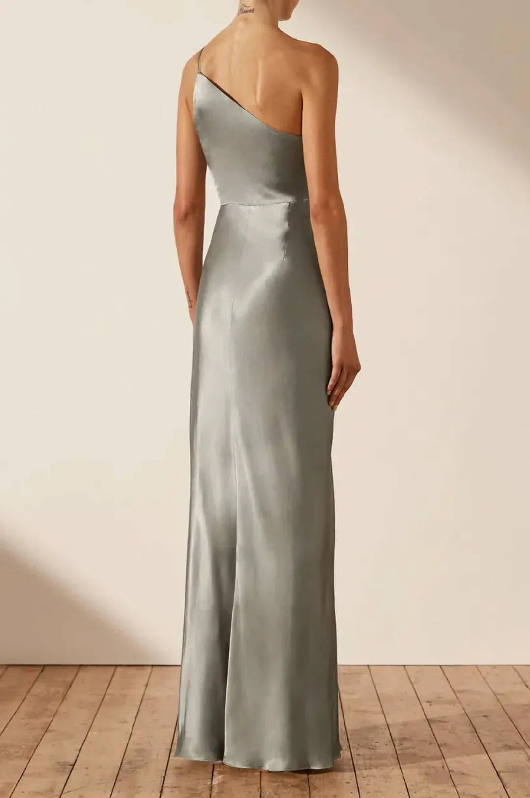 Shona Joy La Lune Asymmetrical Gathered Maxi Dress Sage Size 10 for rent on The Volte - main image