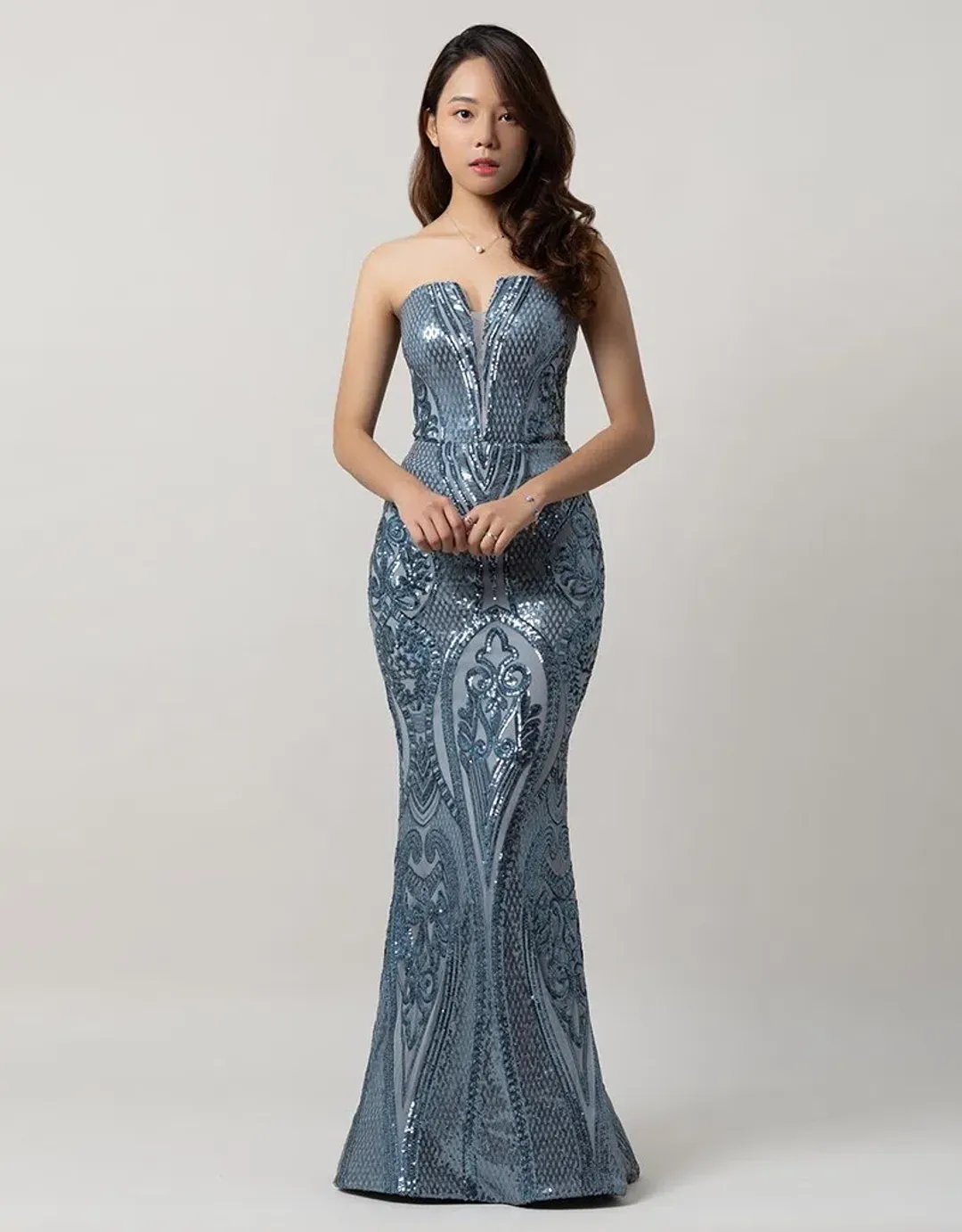 Bariano Maia Strapless Pattern Sequin Gown In Antique Blue Size 10 for rent on The Volte - main image