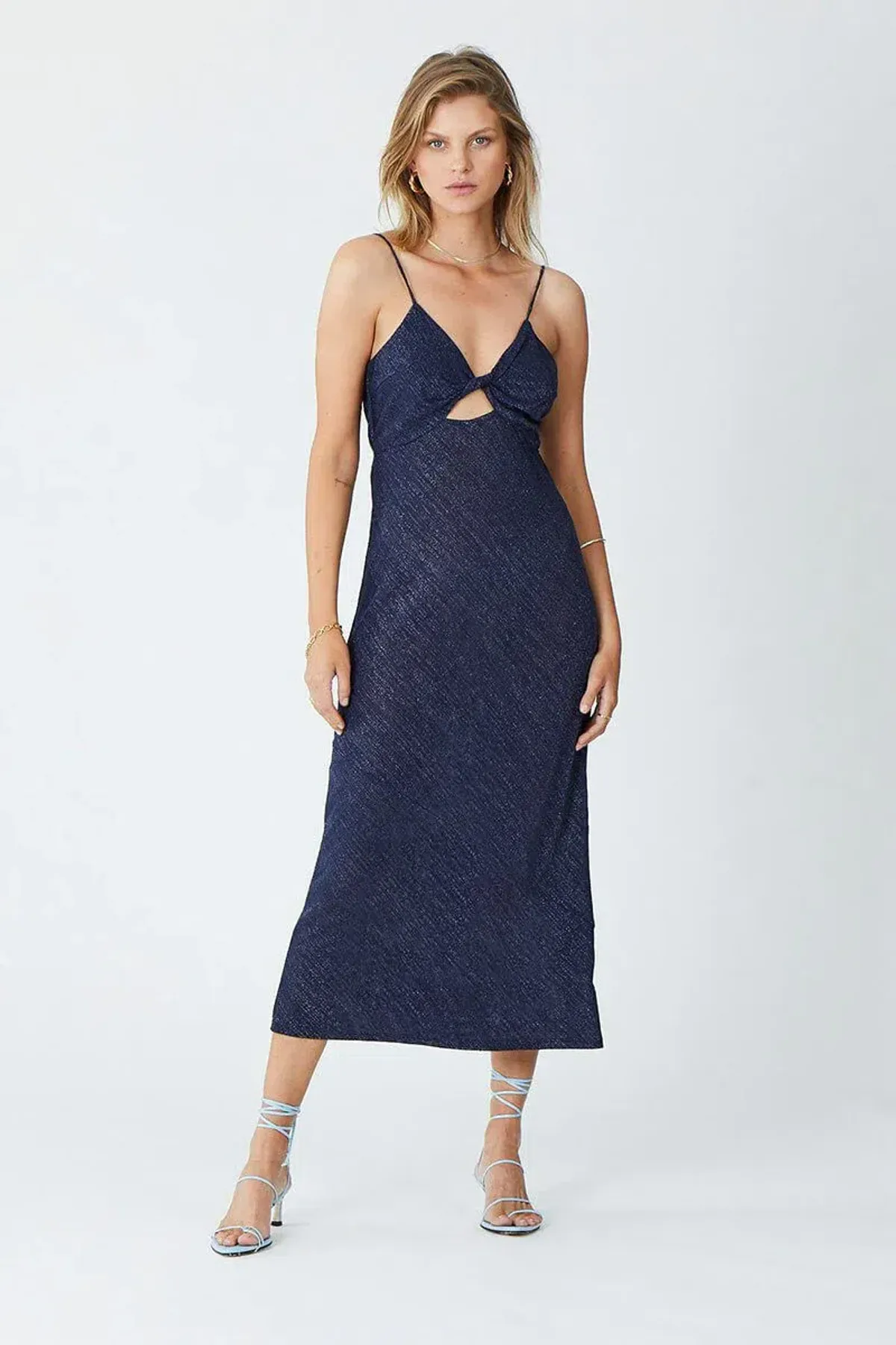 Suboo Asha Lurex Jersey Twist Front Slip Midi Dress Navy Size 6 for rent on The Volte - main image