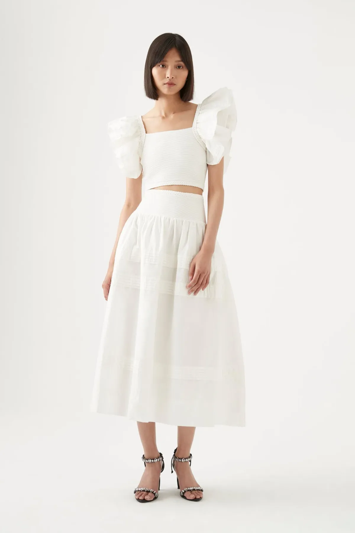 Aje Corinne Knit Bodice Crop Top and Rosalie Knit Waist Midi Skirt Set White Size 16 / 2XL - Image 1