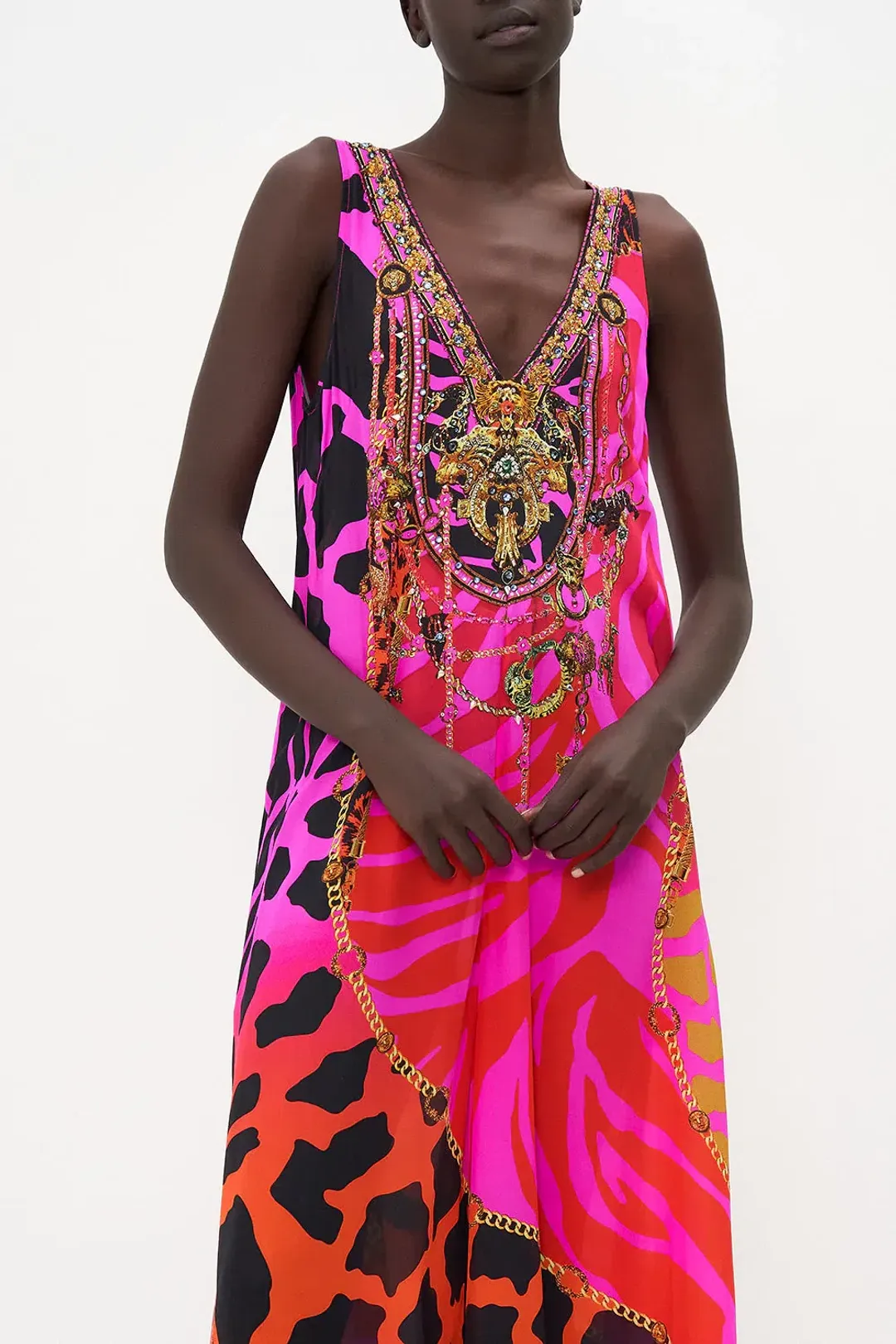 The Always Change Your Spots V Neck Flared Jumpsuit Pink Print Size S/Au 8 for rent on The Volte - main image