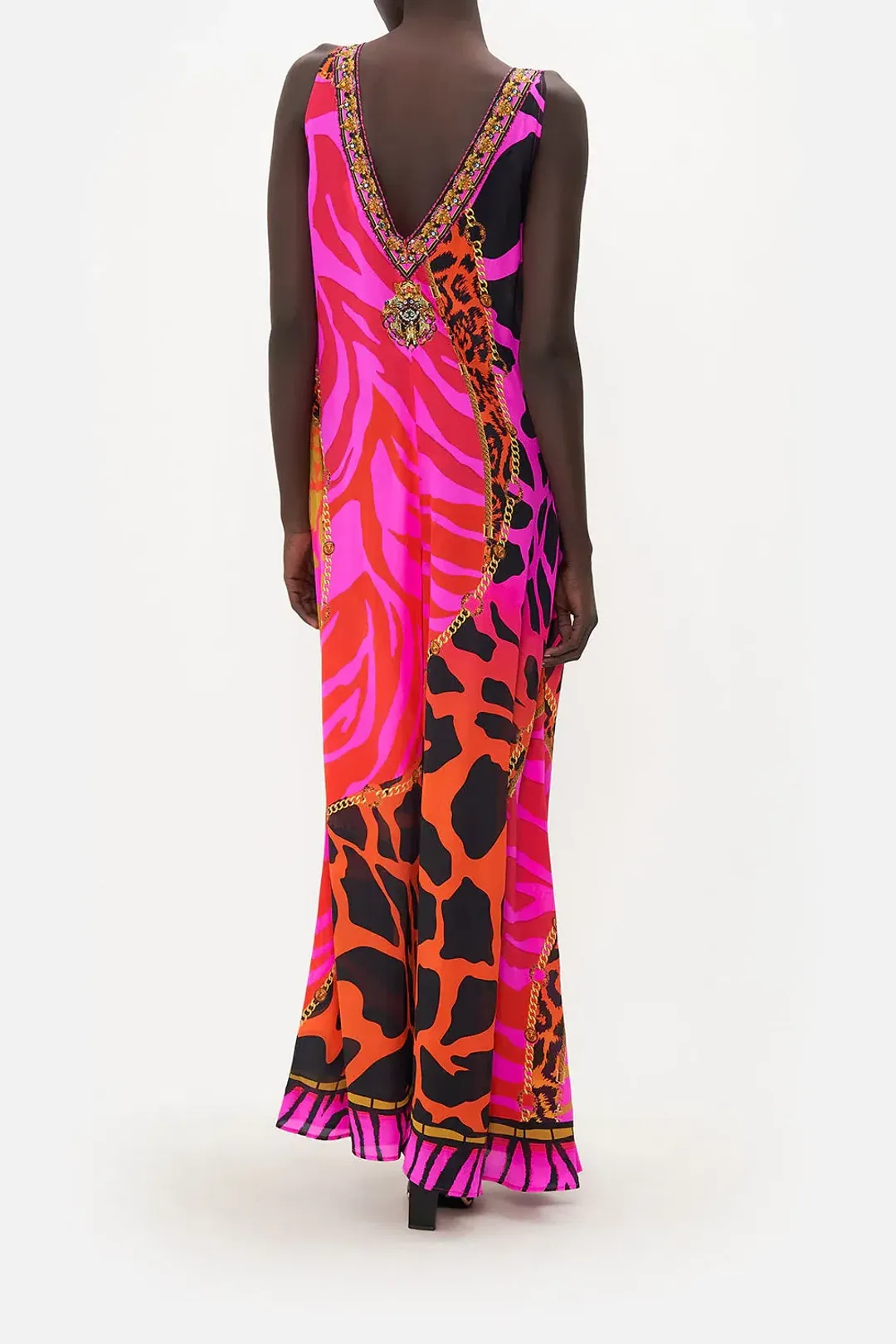 The Always Change Your Spots V Neck Flared Jumpsuit Pink Print Size S/Au 8 for rent on The Volte - main image