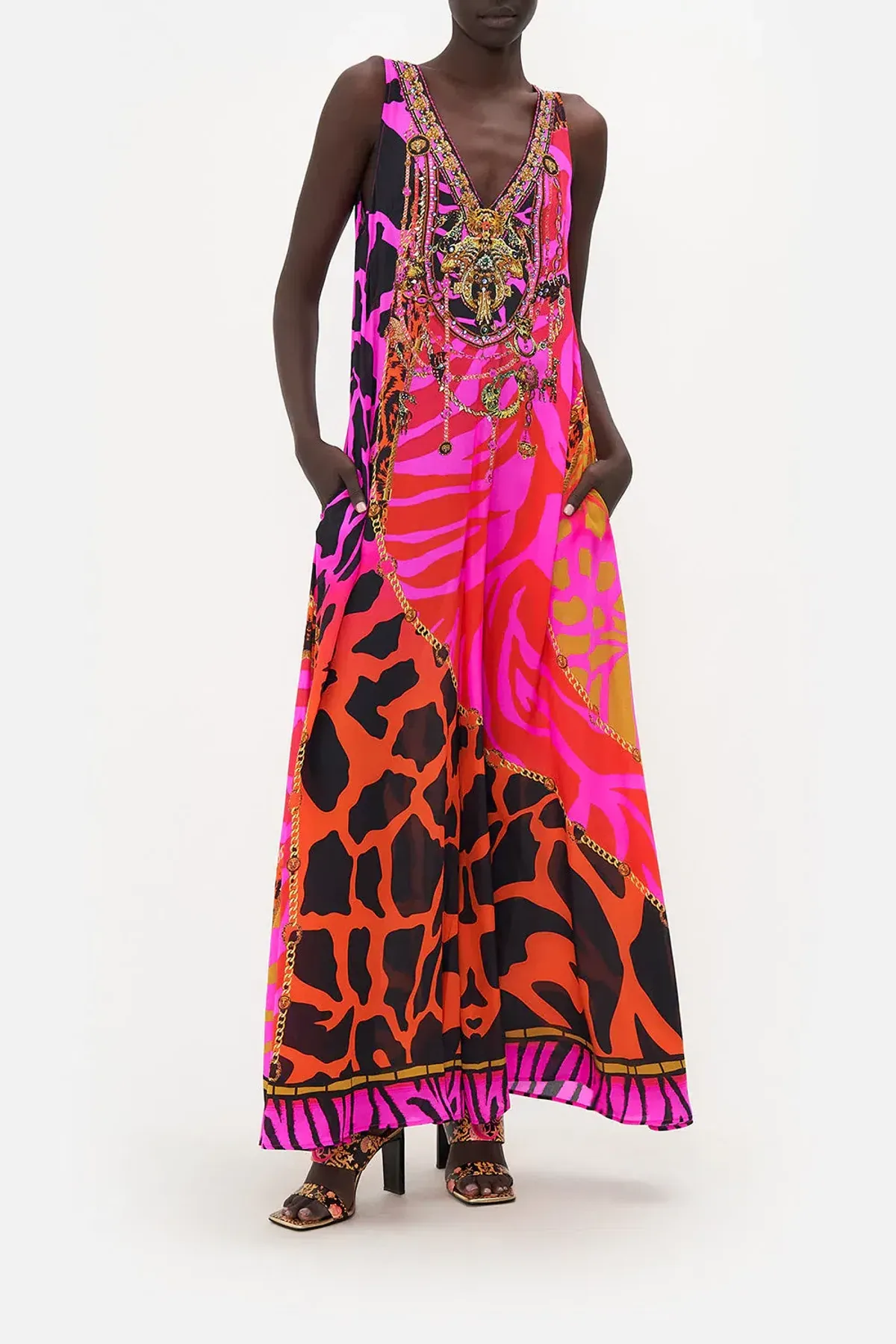 The Always Change Your Spots V Neck Flared Jumpsuit Pink Print Size S/Au 8 for rent on The Volte - main image