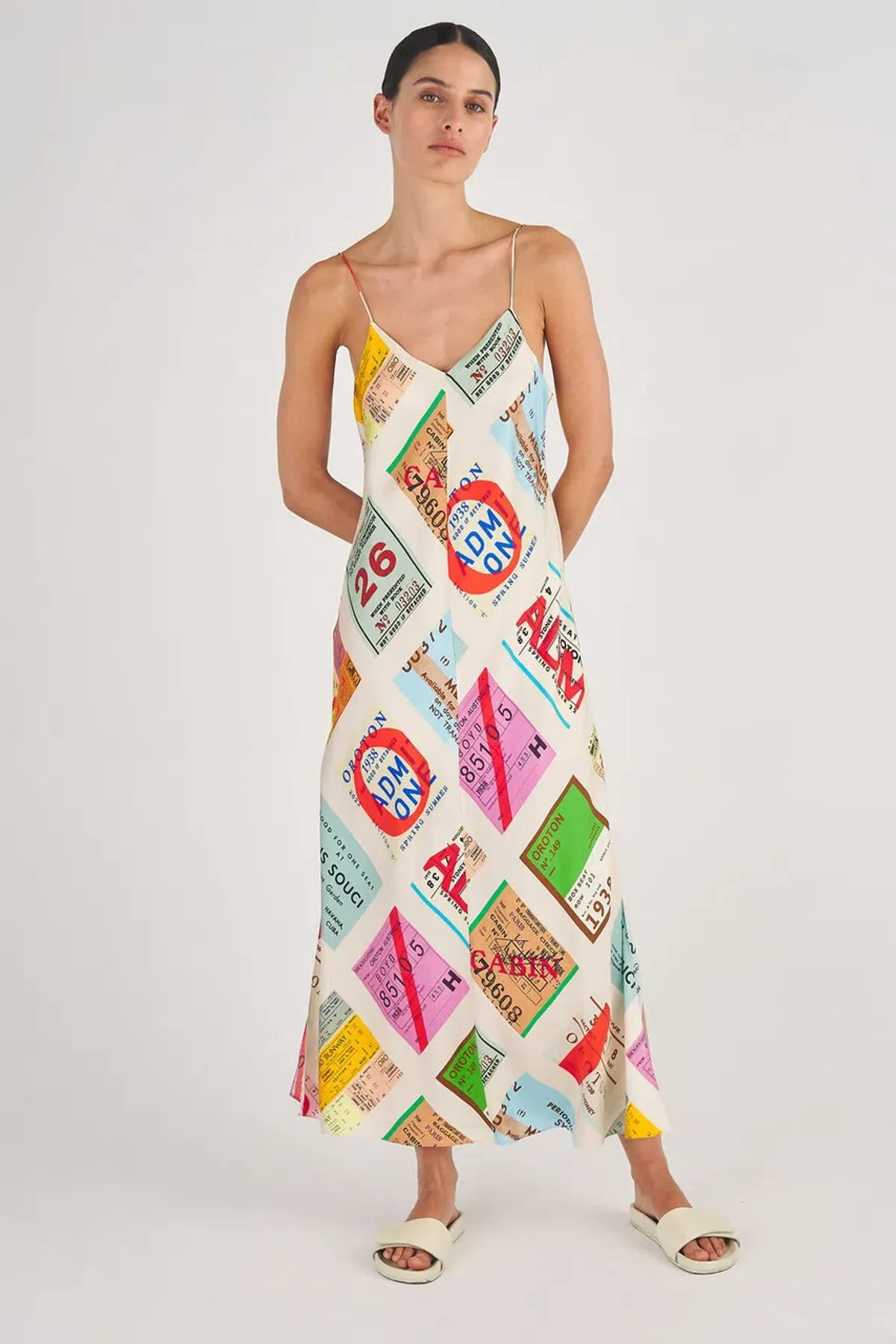 Oroton Ticket Print Slip Dress Print Size 8 for rent on The Volte - main image