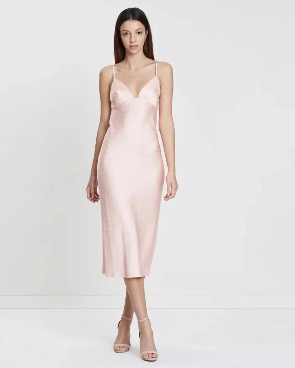 Shona Joy Bias Slip Midi Dress in Strawberry/Cream Spot Size 10 - Image 1