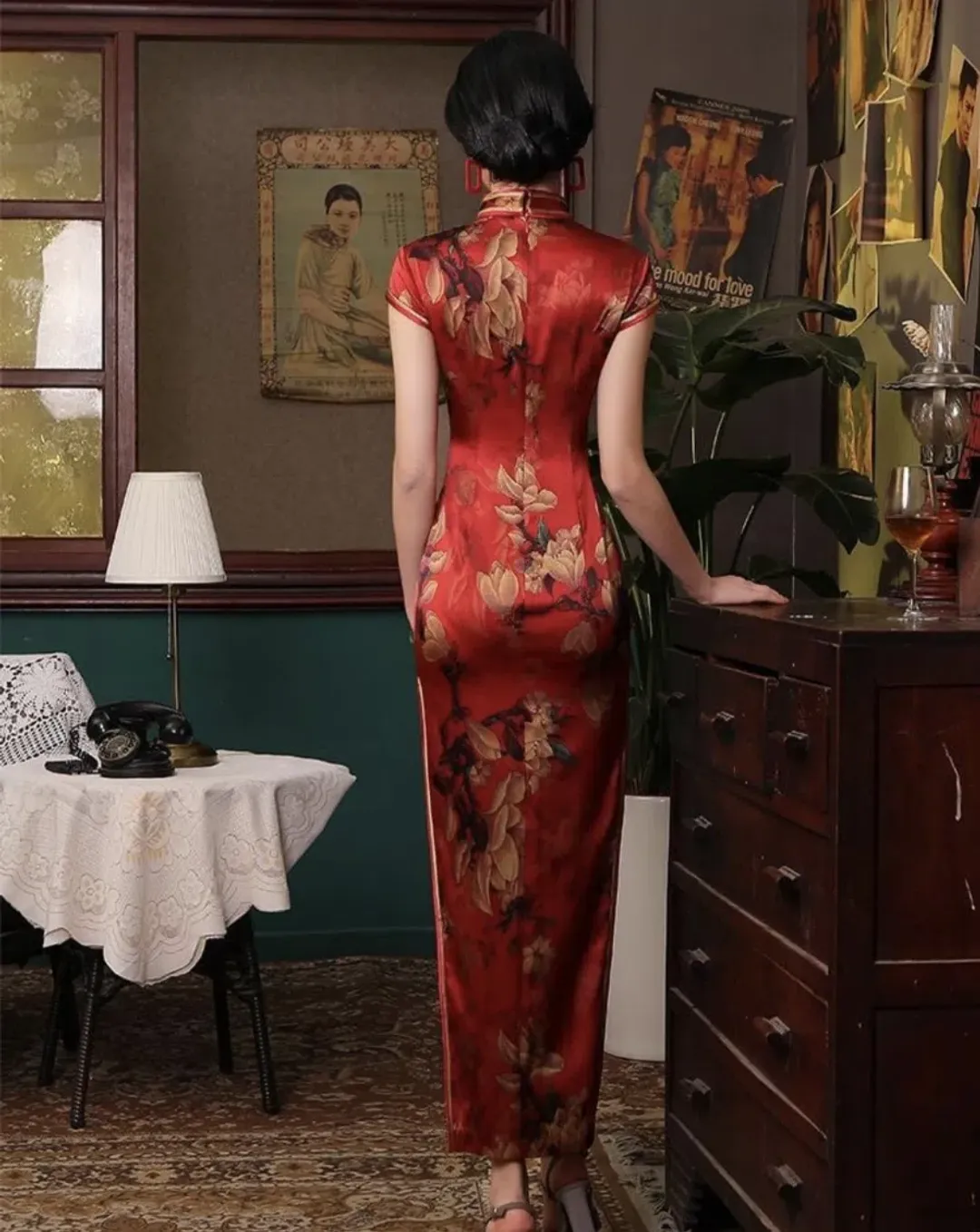 Beth & Brian Qipao 19 Mome Silk High End Long Qipao Mulberry Floral Size M / Au 8 for rent on The Volte - main image