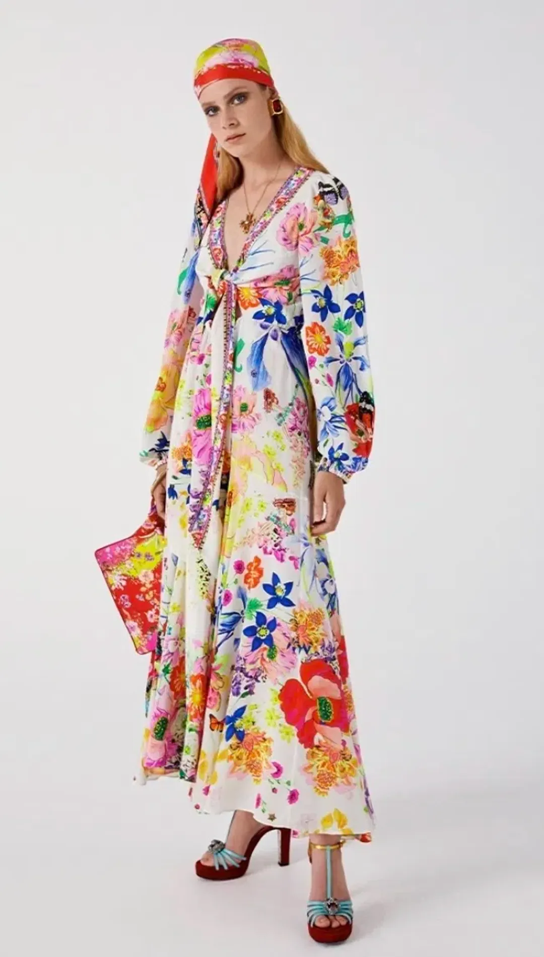Camilla Wrap Tie Dress With Blouson Sleeve Fairy Gang Floral Size L/ Au 14 for rent on The Volte - main image