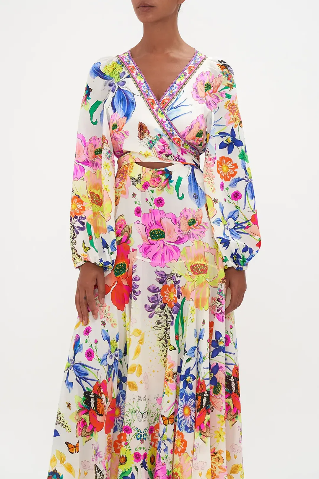 Camilla Wrap Tie Dress With Blouson Sleeve Fairy Gang Floral Size L/ Au 14 for rent on The Volte - main image