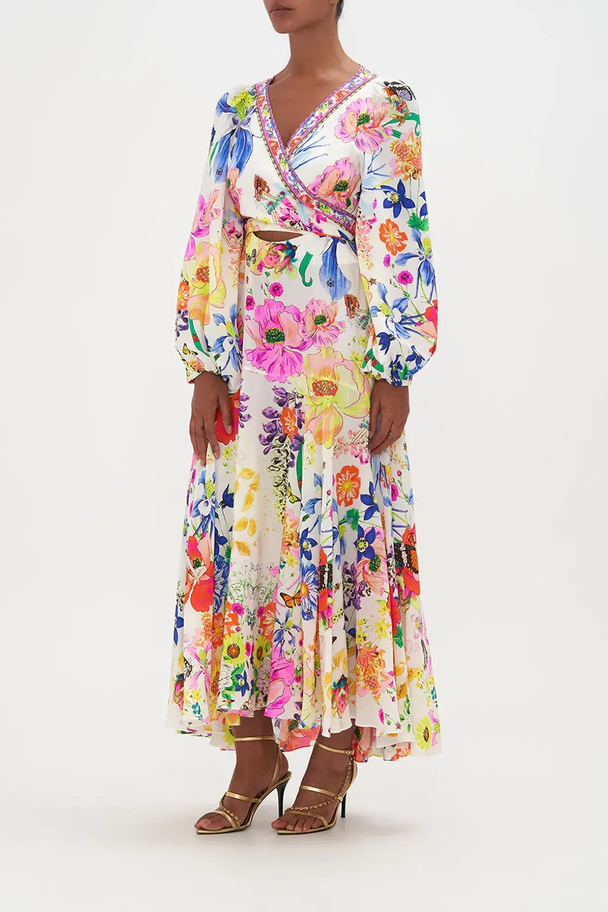 Camilla Wrap Tie Dress With Blouson Sleeve Fairy Gang Floral Size L/ Au 14 - Image 3