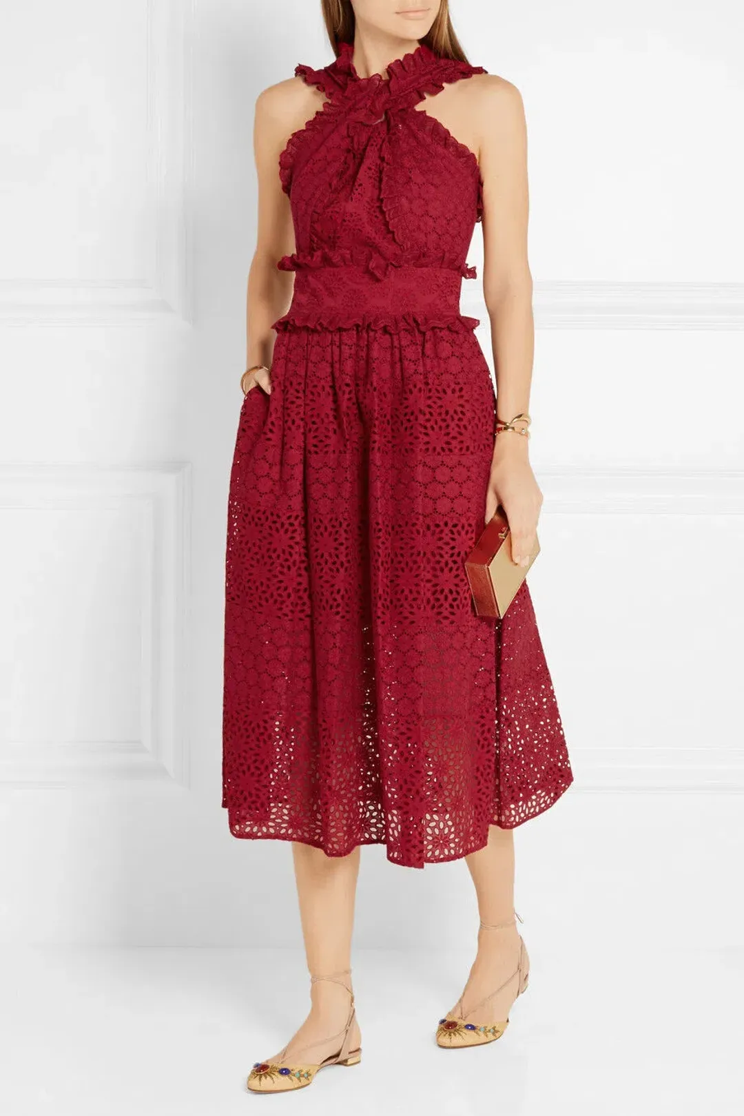 Oscar De La Renta Eyelet Broderie Anglaise Cotton Midi Dress Red Size 8/AU 12 for rent on The Volte - main image