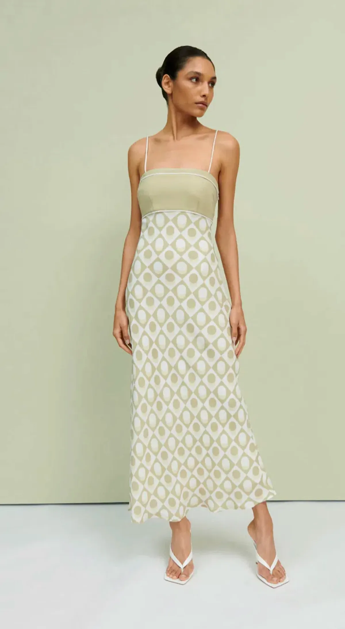 By Johnny Duality Spot Bias Midi Dress in Pistachio Spot for rent on The Volte - main image