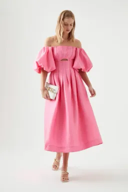 Aje Eugenie Off Shoulder Midi Dress French Rose Pink Size 8 / S for rent on The Volte - image 1