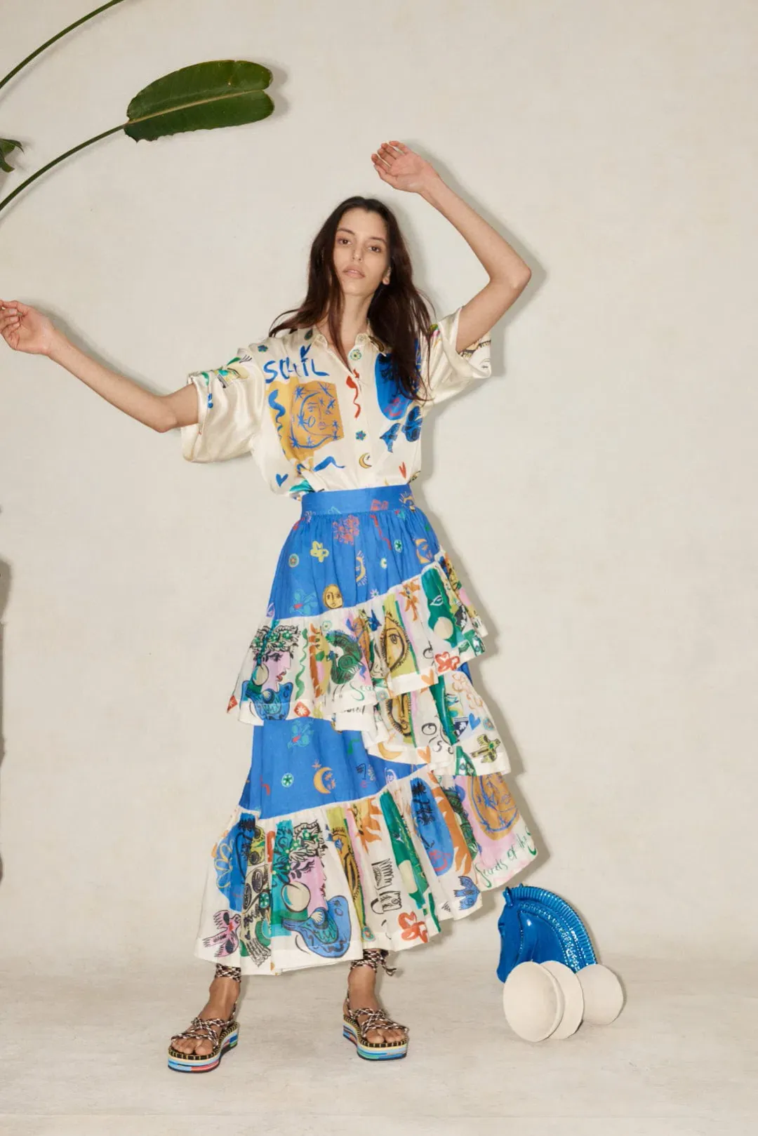 Alemais Soleil Oversized Shirt and Ruffle Skirt Set Print Size 14 for rent on The Volte - main image