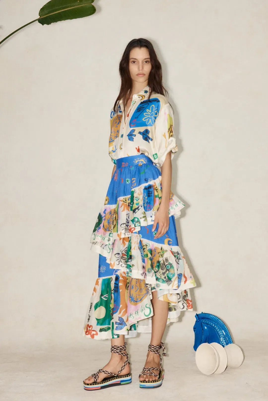 Alemais Soleil Oversized Shirt and Ruffle Skirt Set Print Size 14 for rent on The Volte - main image