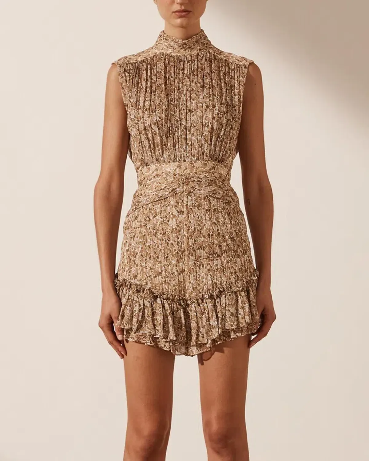 Shona Joy Ambar Ruched Mini Dress in Cumin Size 8 for rent on The Volte - main image
