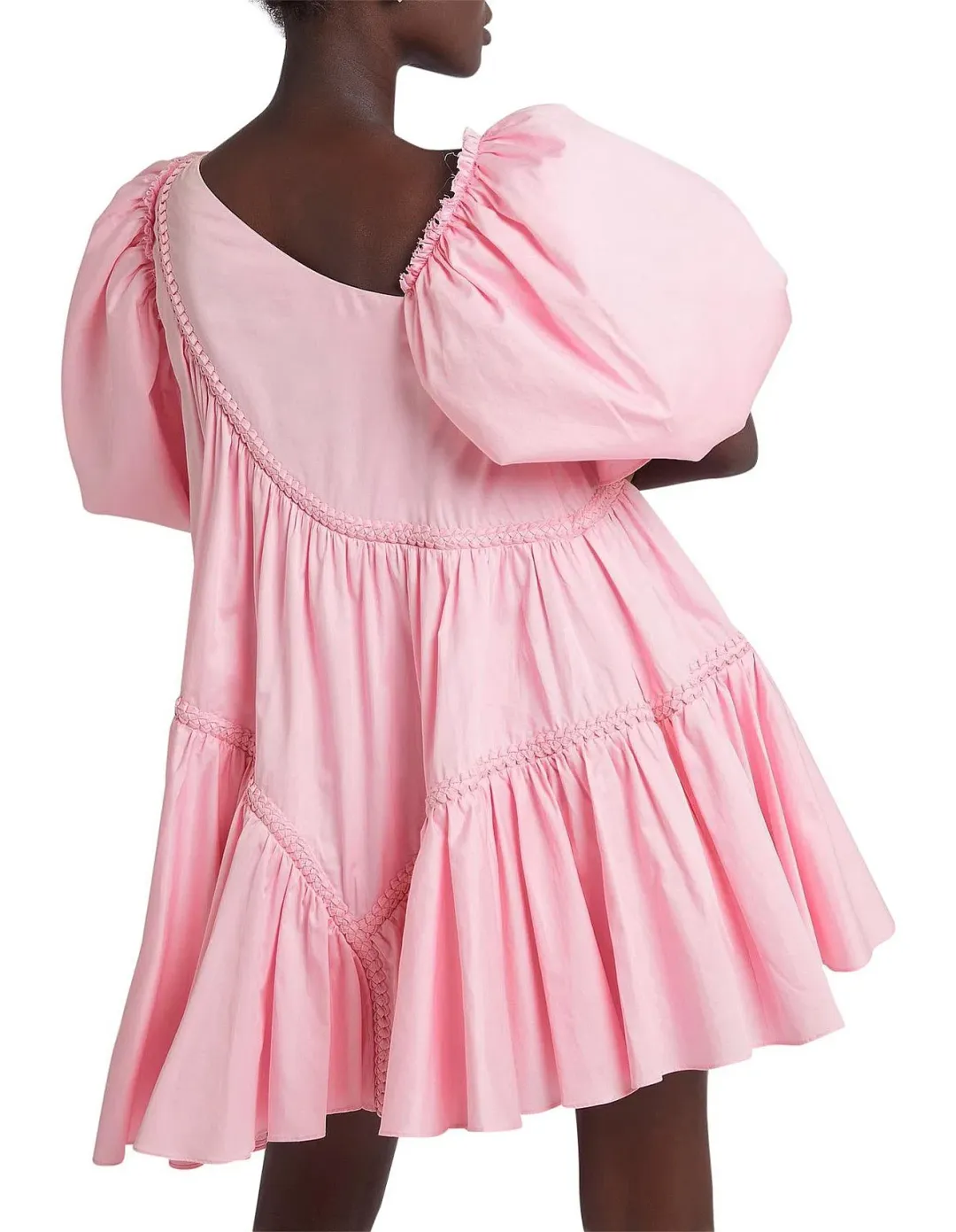 Aje Casabianca Braided Asymmetric Puff Sleeve Mini Dress Pink Size 4 / XXS for rent on The Volte - main image