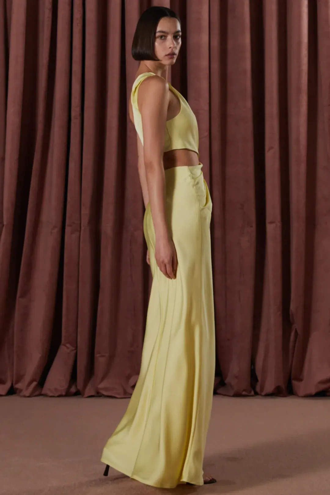 Misha Kristin Satin Gown in soft lime size 8 for rent on The Volte - main image