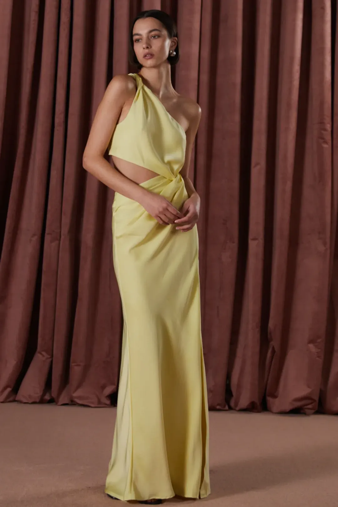 Misha Kristin Satin Gown in soft lime size 8 for rent on The Volte - main image