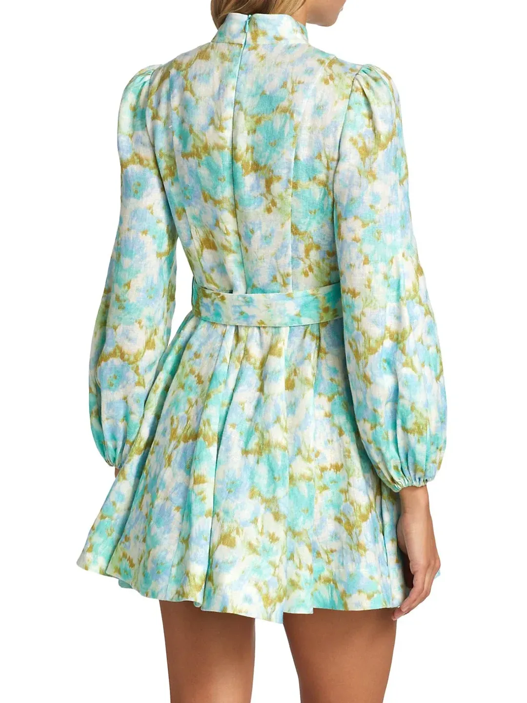 Zimmermann High Tide Buttoned Mini Dress Aqua Ikat Floral Size 1 /Au 10 for rent on The Volte - main image