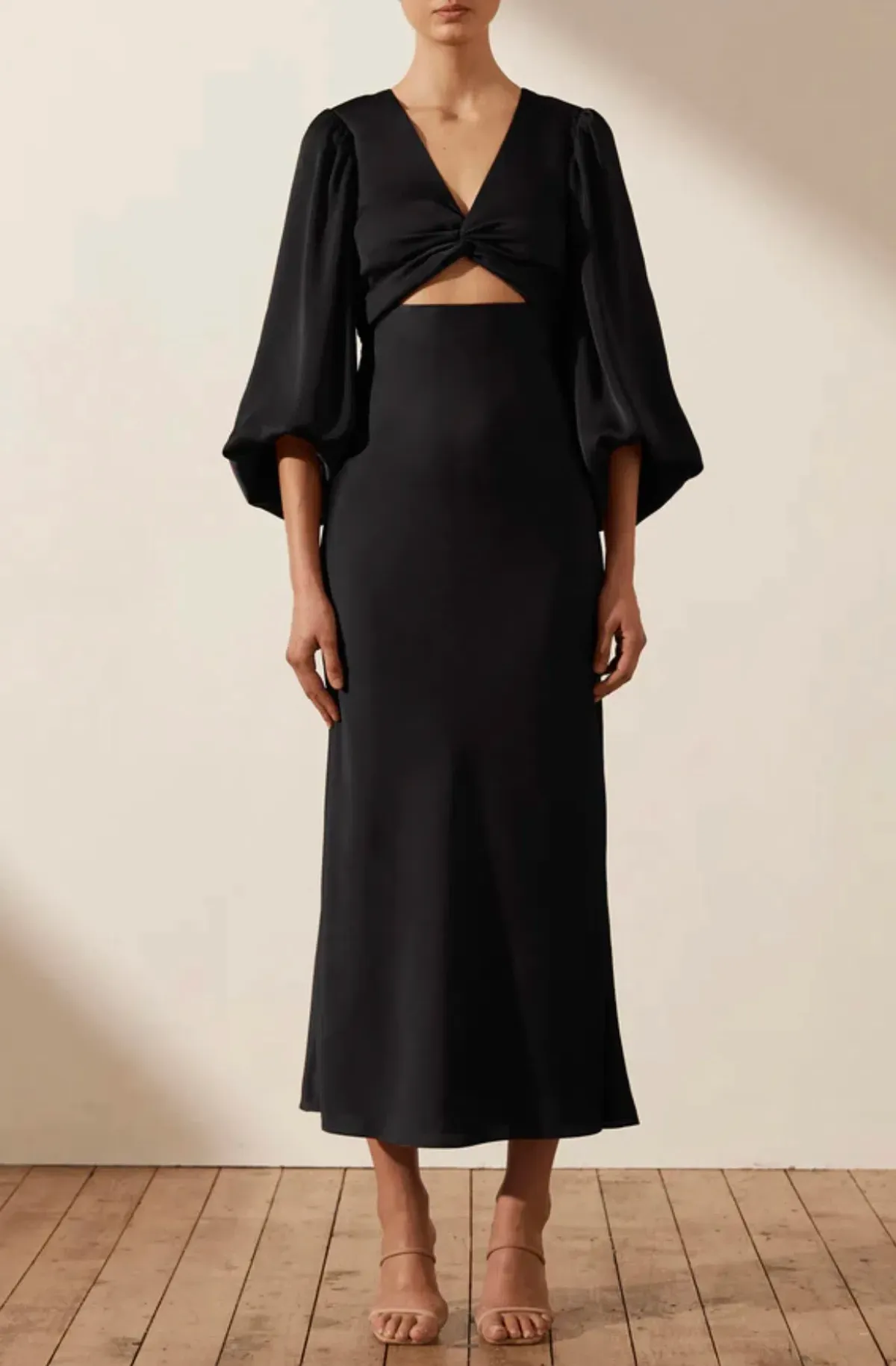 Shona Joy Luxe Twist Front Balloon Sleeve Midi Dress Black Size 6 / XS - Image 2