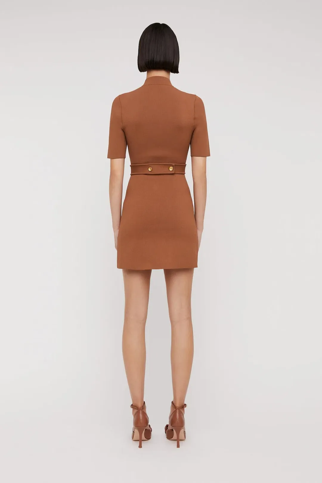 Scanlan Theodore Crepe Knit Mini Button Dress Hazel Brown Size 6 for rent on The Volte - main image