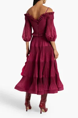 Zimmerman Pleated Off Shoulder Midi Dress in Berry Red Size 0 / AU 8 for rent on The Volte - image 2