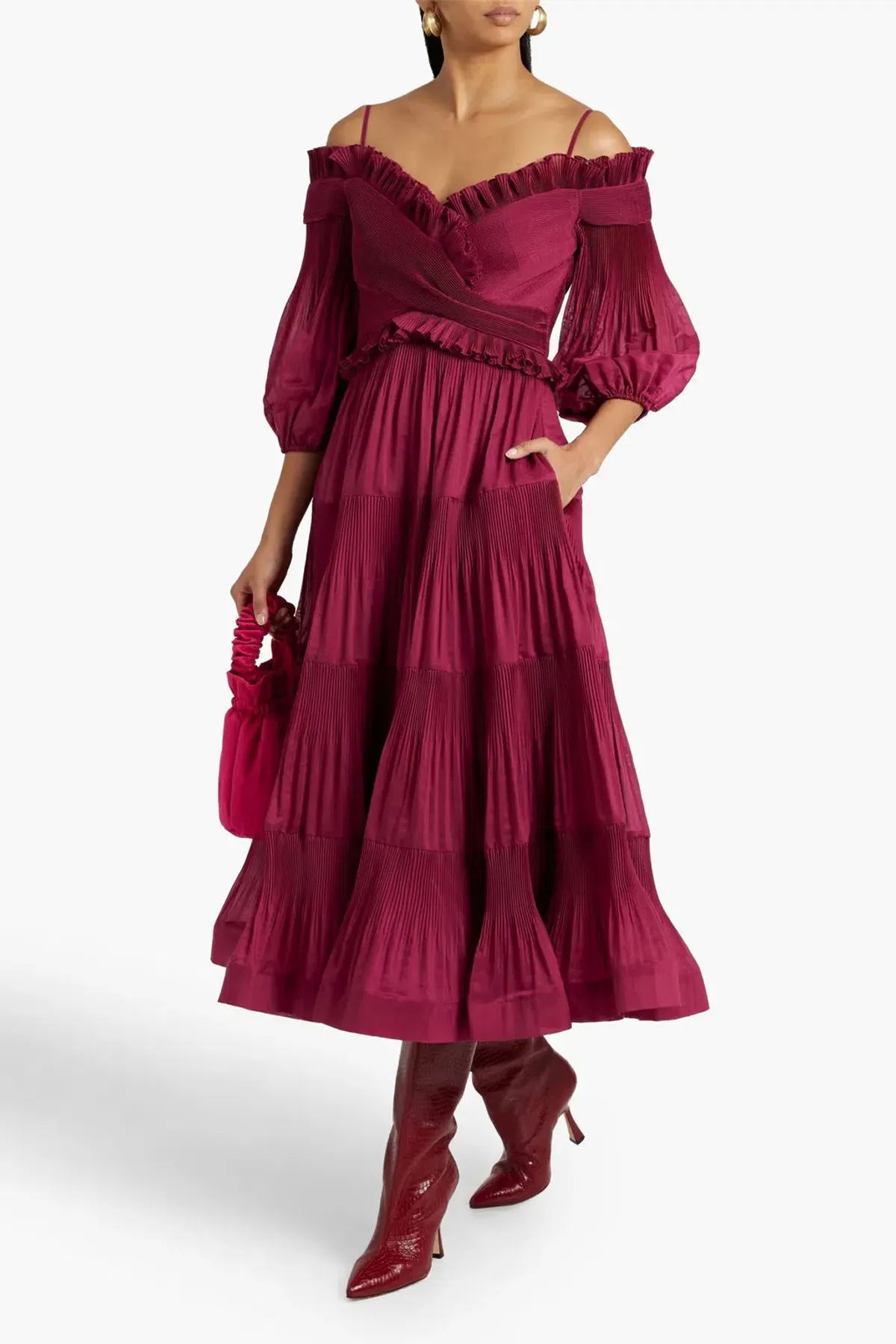 Zimmerman Pleated Off Shoulder Midi Dress in Berry Red Size 0 / AU 8 for rent on The Volte - main image