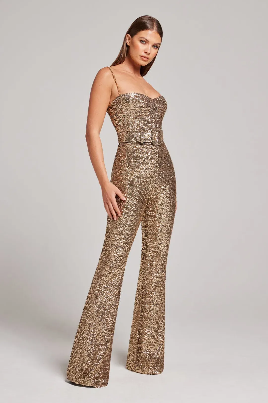 Nadine Merabi Lucinda Gold Jumpsuit Size AU 8 for rent on The Volte - main image