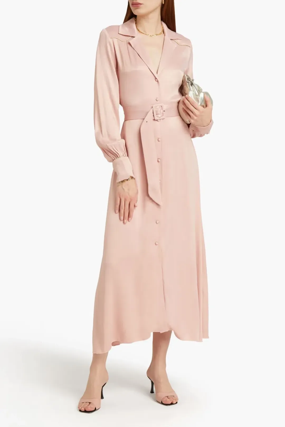 Rotate by Birger Christensen Jojo Belted Satin Shirt Dress Blush Size 8 for rent on The Volte - main image