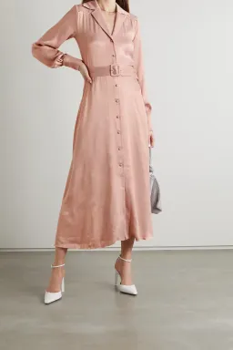 Rotate by Birger Christensen Jojo Belted Satin Shirt Dress Blush Size 8 for rent on The Volte - image 1