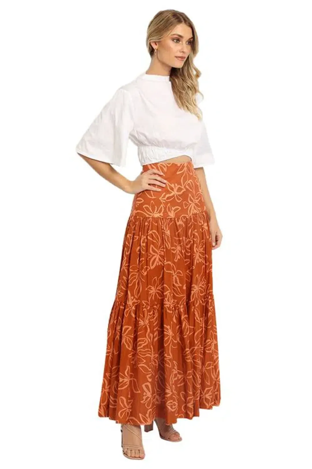 Bec & Bridge Aurora Skirt Orange/Rust Floral Print Size 8 for rent on The Volte - main image
