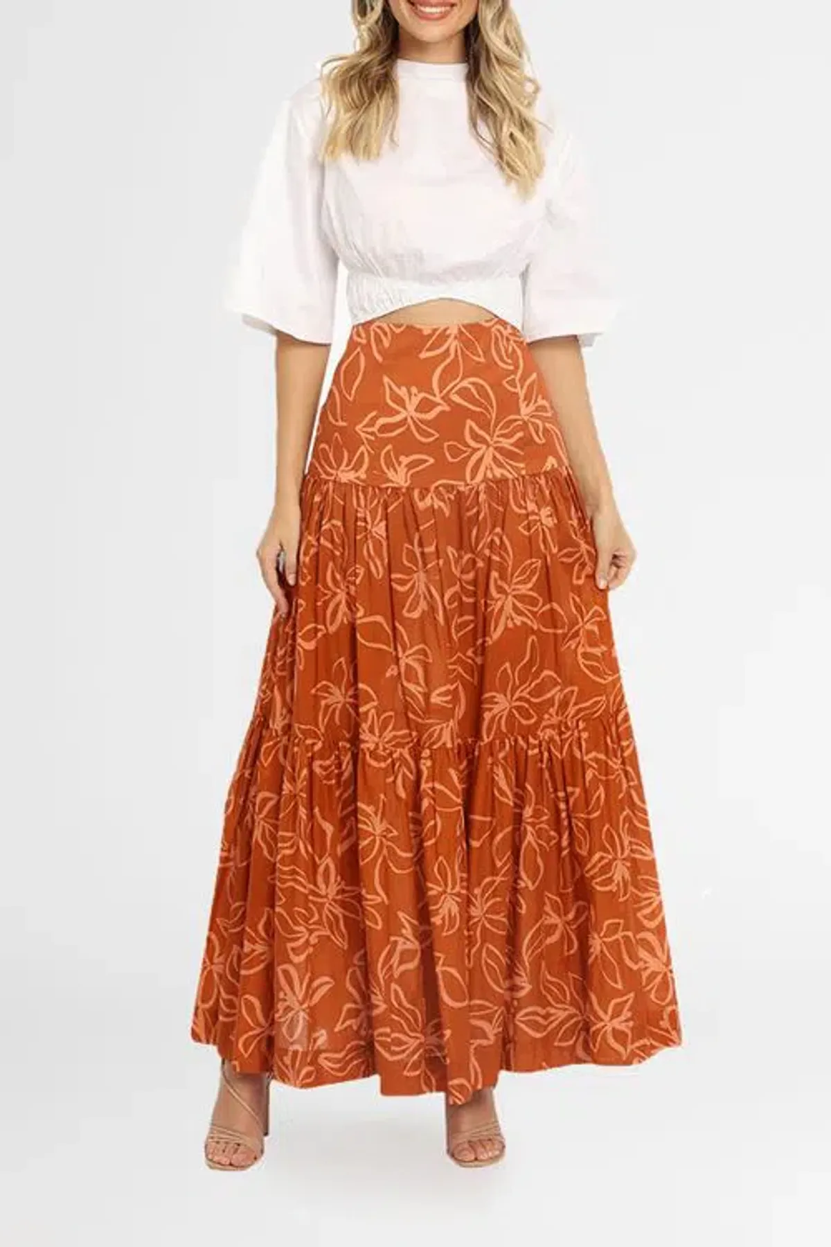 Bec & Bridge Aurora Skirt Orange/Rust Floral Print Size 8 for rent on The Volte - main image
