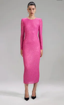 Self Portrait Pink Rhinestone Mesh Midi Dress Size 8 for rent on The Volte - image 1