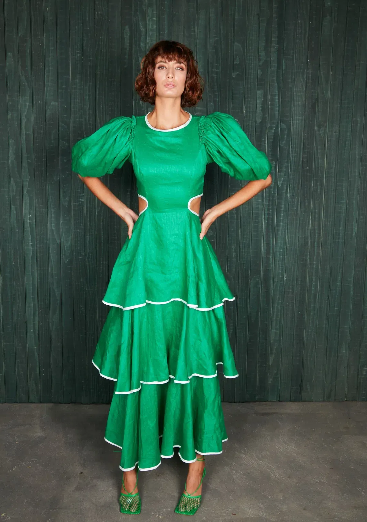 Mackenzie Mode Puff Sleeve Dress Emerald Green Size 12 - Image 1